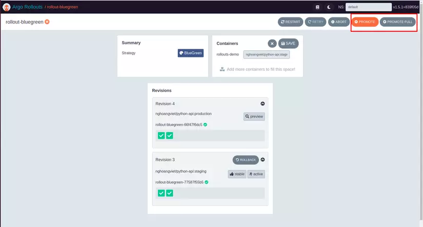 Promote button in Argo Rollouts UI