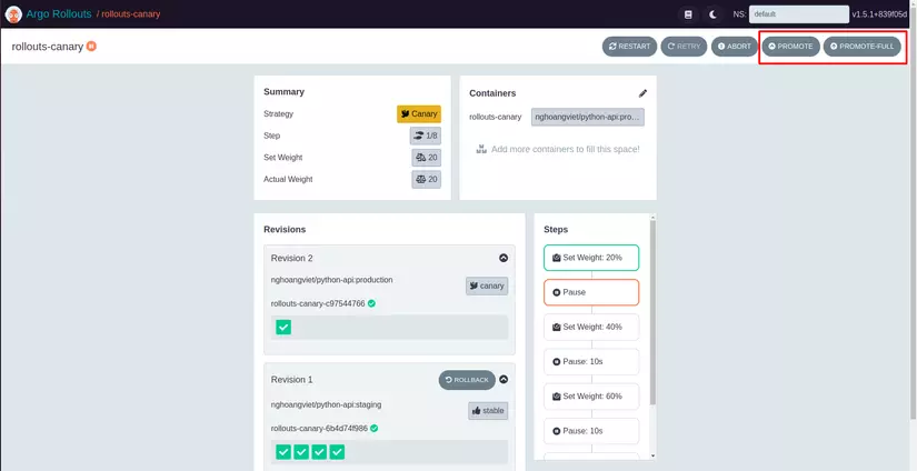 Promote button in Argo Rollouts UI