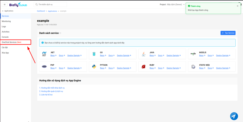 OneClick Services menu
