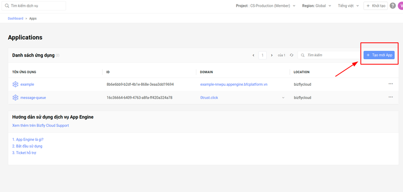 Creating an application on BizflyCloud