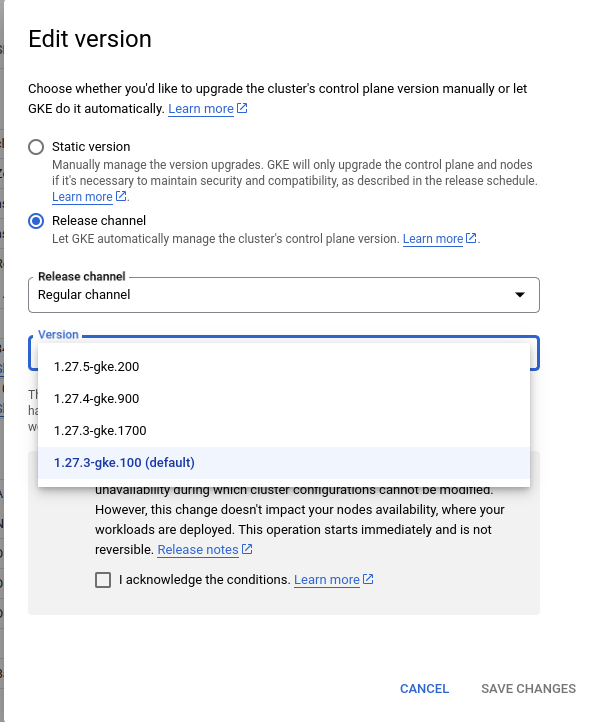 Selecting a version to upgrade to