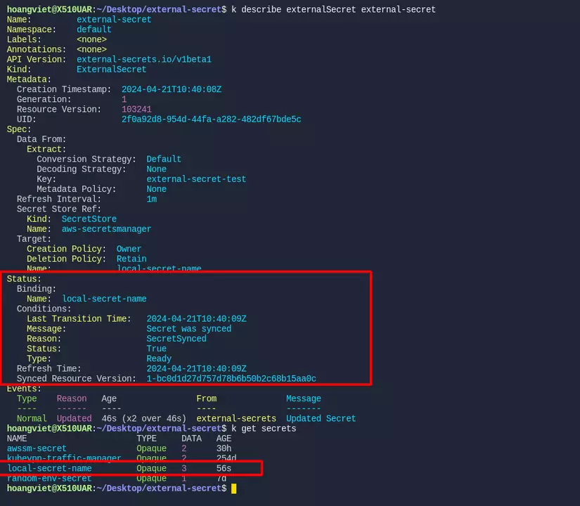 ExternalSecret showing Synced status