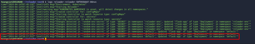 Reloader controller logs