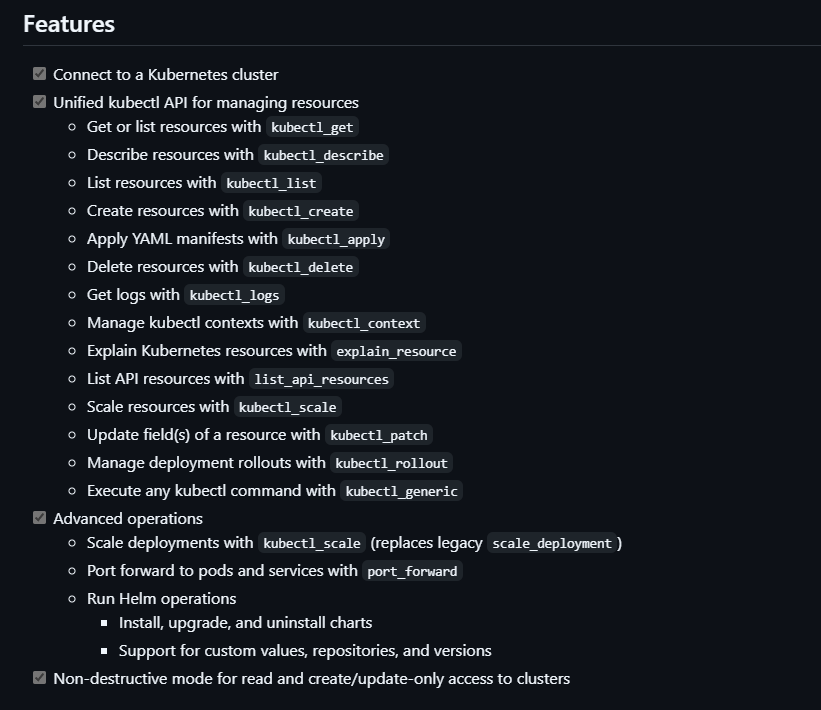 Kubernetes MCP server supported features