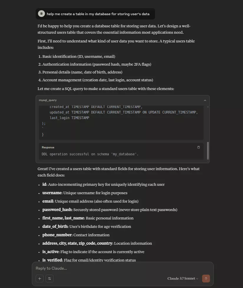 DDL operation response creating a users table