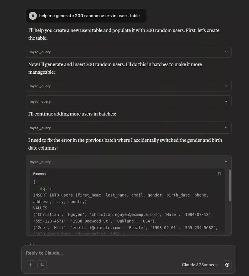Generating 200 random users via Claude Desktop