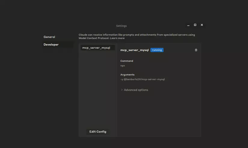 MCP server showing a running status in Claude Desktop settings
