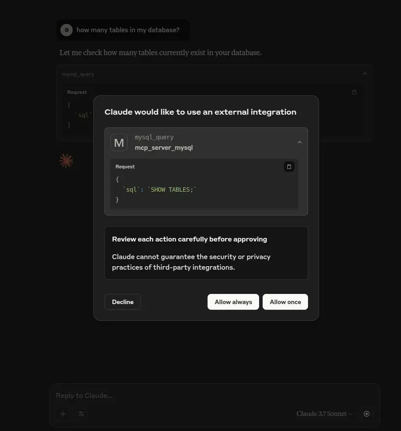 Query approval popup in Claude Desktop